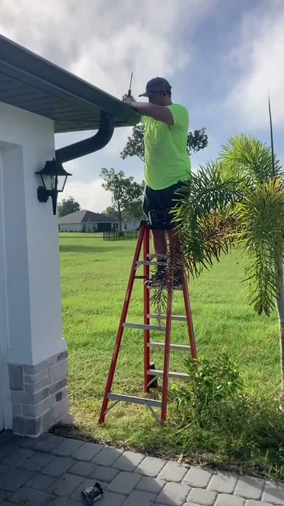 Installer on a step ladder sealing the corner of a dark seamless gutter beside a palm